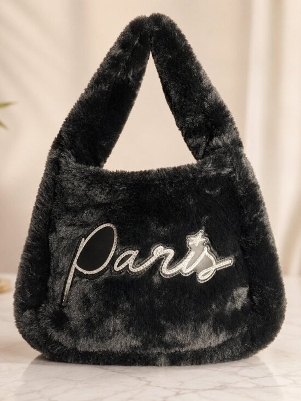 Paris Hilton Black Faux Fur Shoulder Bag Plush Tote NWT